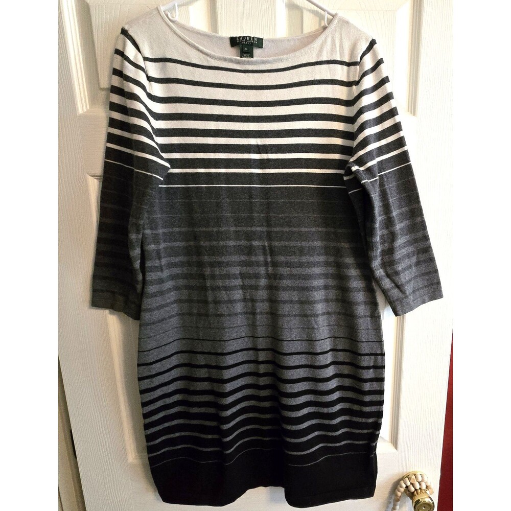 Lauren Ralph Lauren Sweater Dress Womens SZ- XL Gray Striped 3/4 Sleeve Lghtwght
